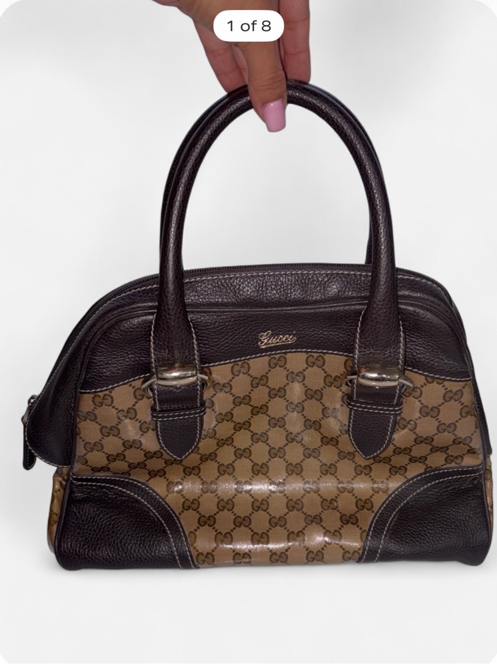 Gucci Brown GG Canvas Satchel with Dark Brown Leather Trim